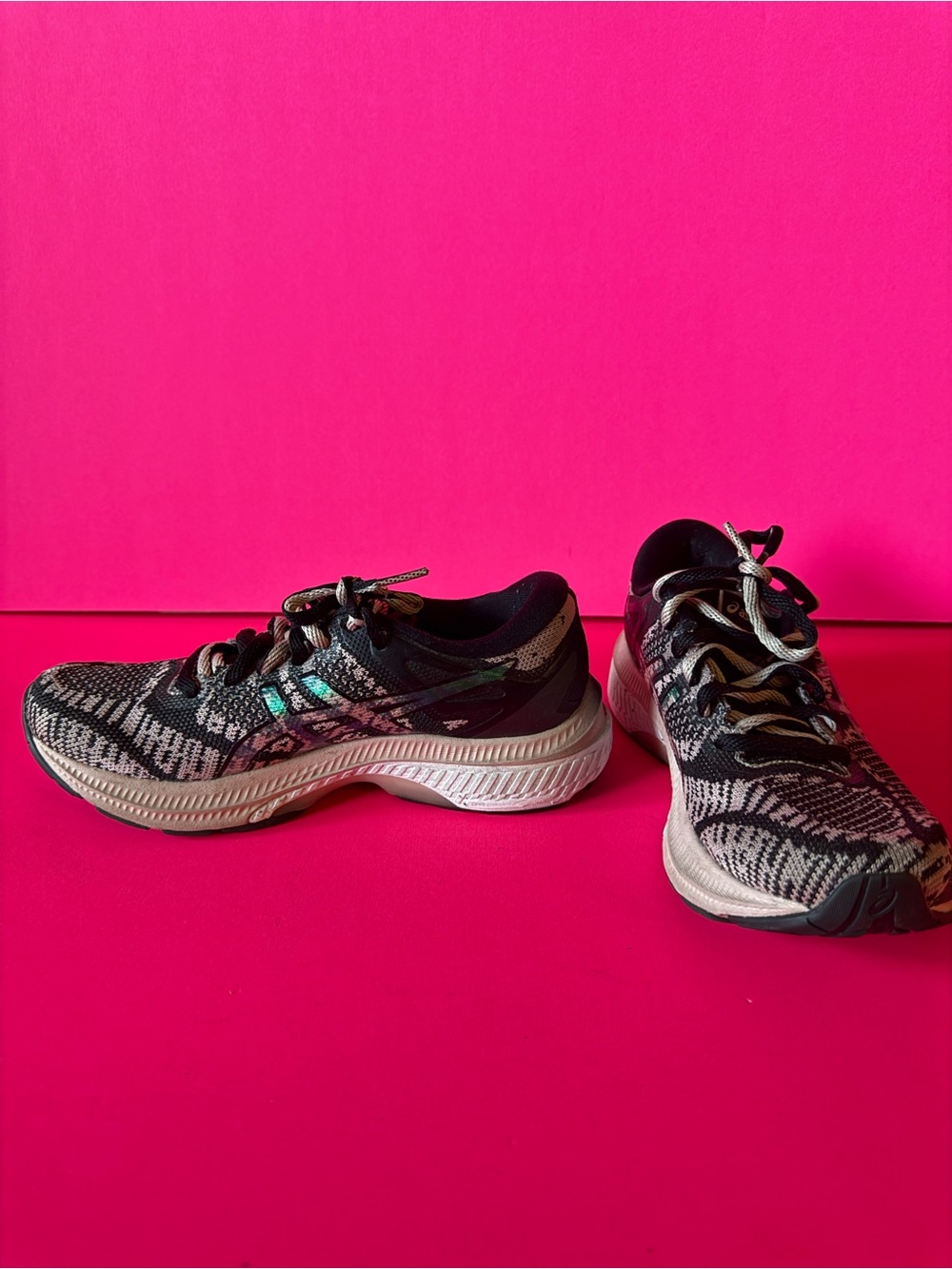 Asics Black and White Knit Running Shoes with Teal Accents